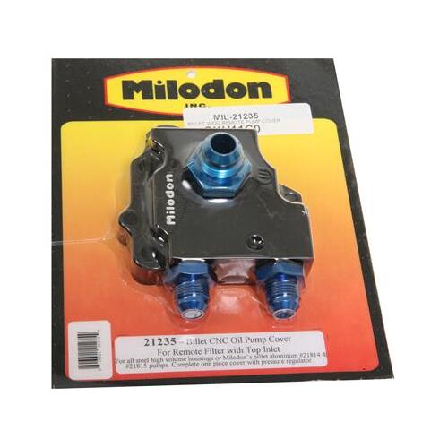 MILODON Oil Pump Cover, Billet Aluminum, Black Anodized, Fits with Use of Remote Filter, For Chrysler, Big Block, Each