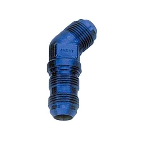 MILODON Fitting, Bulkhead, -12 AN Male, to -12 AN Male, 45 Degree, Aluminum, Blue Anodized, Each