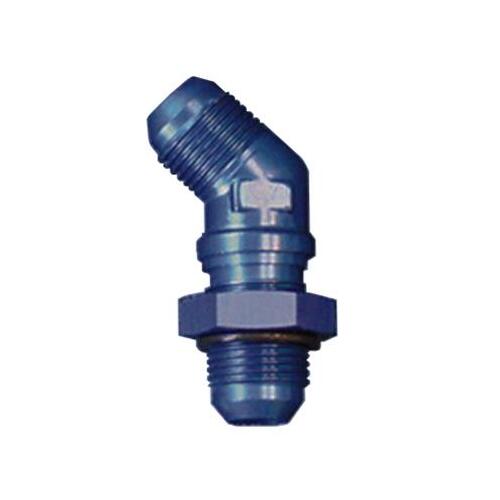 MILODON Bulkhead Fitting, 45 degree, Aluminum, Blue Anodized, -12 AN Male Threads, Nut, for Pump Cover, Each