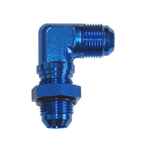 MILODON Bulkhead Fitting, 90 degree, Aluminum, Blue Anodized, -12 AN Male Threads, Nut, for Pump Cover, Each