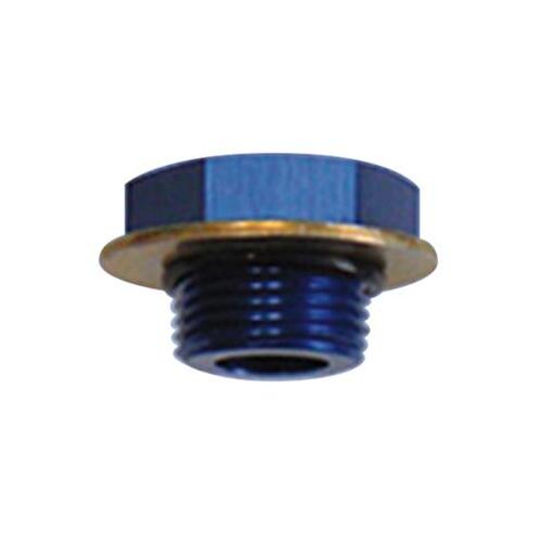 MILODON Fitting, Plug and Cap, Hex Head, Aluminum, Blue Anodized, -12 AN Male Threads, Washer, O-ring, Each