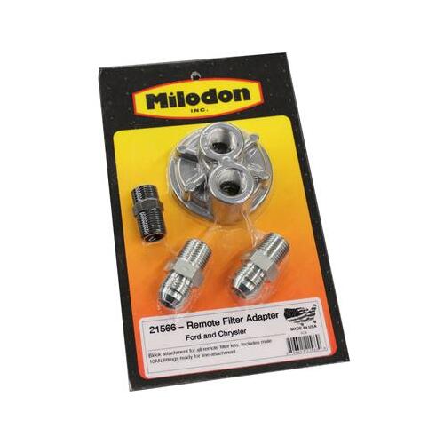 MILODON Adapter, Oil Filter Bypass, Bolt-On, For Chrysler, For Ford, Aluminum, Natural, 1/2 in. NPT Inlet/Outlet, Each