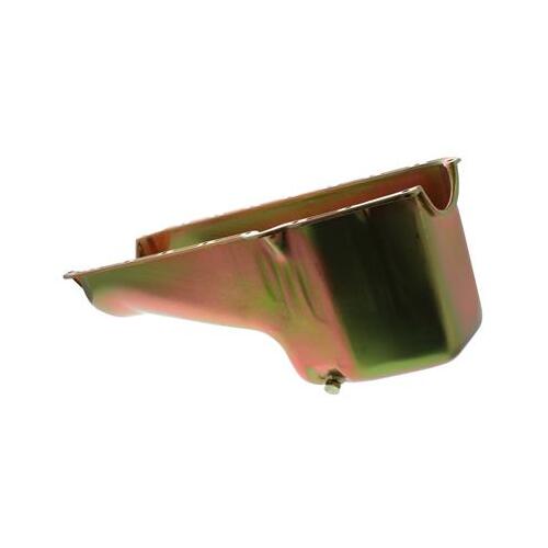 MILODON Oil Pan, Steel, Gold Iridite, 6 qt, For Chevrolet, Small Block, One-Piece Stamped, 1955-79 Left Hand Dipstick, Each