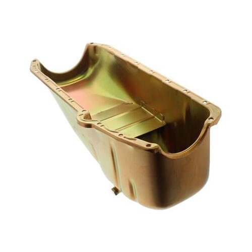 MILODON Oil Pan, Steel, Gold Iridite, 5 qt, For Chevrolet, Small Block, LH Dipstick, Internal Oil Control Baffles, Each