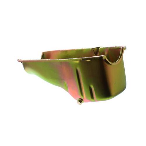 MILODON Oil Pan, Steel, Gold Iridite, 5 qt., For Chevrolet, Small Block, RH Dipstick, Dart SHP, Int Oil Control Baffle, Each