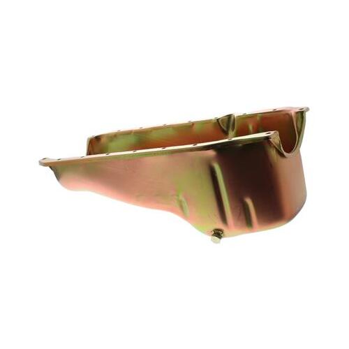 MILODON Oil Pan, Steel, Gold Iridite, 5 qt, For Chevrolet, 1986 & Up RH Dipstick, Internal Oil Baffle, Each