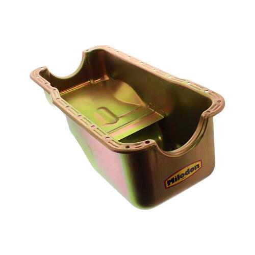 MILODON Oil Pan, Steel, Gold Iridite, 5 qt., For Ford, 289/302, Pre-1973 Front Sump Chassis, Int Oil Control Baffles, Each