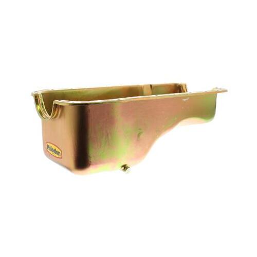 MILODON Oil Pan, Steel, Gold Iridite, 5 qt., For Ford, 351W, Pre-1973 Front Sump Chassis, Int Oil Control Baffles, Each