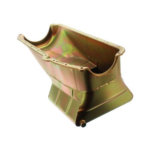 MILODON Oil Pan, Steel, Gold Iridite, 7 qt, For Chevrolet, Low Profile, Small Block, 1955-79 LH Dipstick, Each