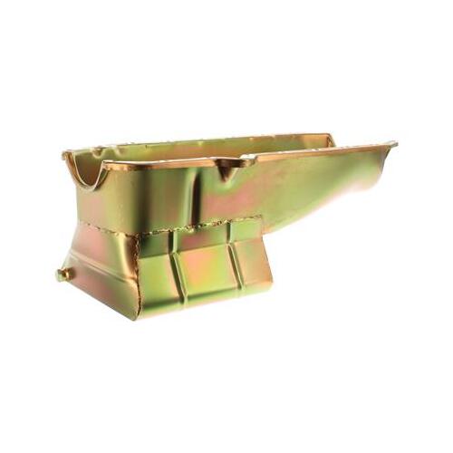 MILODON Oil Pan, Steel, Gold Iridite, 7 qt, For Chevrolet, Small Block, Low Profile, Dart SHP and 1980-85 RH Dipstick, Each