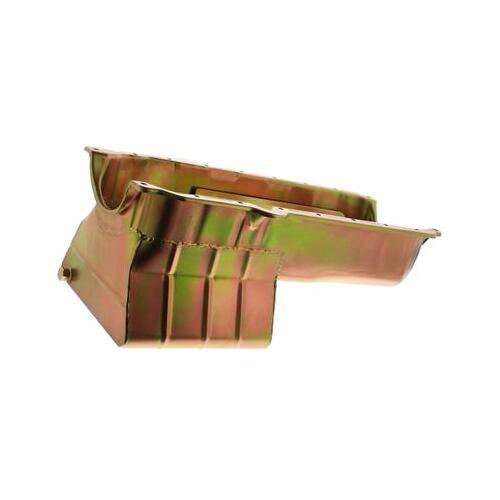 MILODON Oil Pan, Steel, Gold Iridite, 6 qt., For Chevrolet, Small Block, 1986-Up RH Dipstick, With Windage Tray, Each