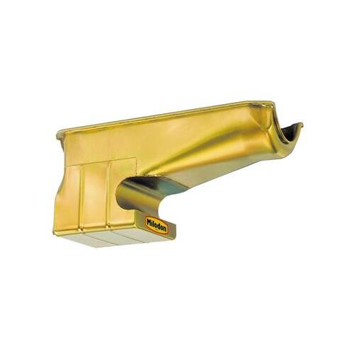 MILODON Oil Pan, Steel, Gold Iridite, 6 qt, For Chevrolet, Small Block, LH Dipstick, Each