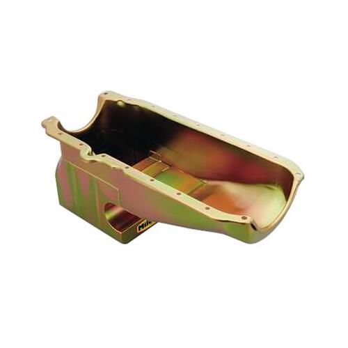 MILODON Oil Pan, Steel, Gold Iridite, 6 qt, For Chevrolet, Small Block, 1986-Up RH Dipstick, Each