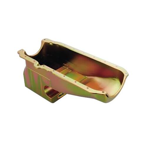 MILODON Oil Pan, Steel, Gold Iridite, 6 qt., For Chevrolet, Small Block, 1986-Up RH Dipstick, Each