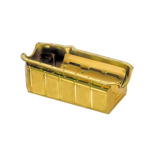 MILODON Oil Pan, Steel, Gold Iridite, 7 qt, For Chevrolet, Small Block, LH Dipstick, Fits Tube Chassis, Each