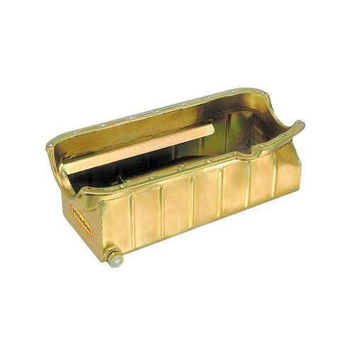 MILODON Oil Pan, Steel, Gold Iridite, 8 qt., For Chevrolet, Small Block, Marine, LH Dipstick, Fits V-Drive, Each