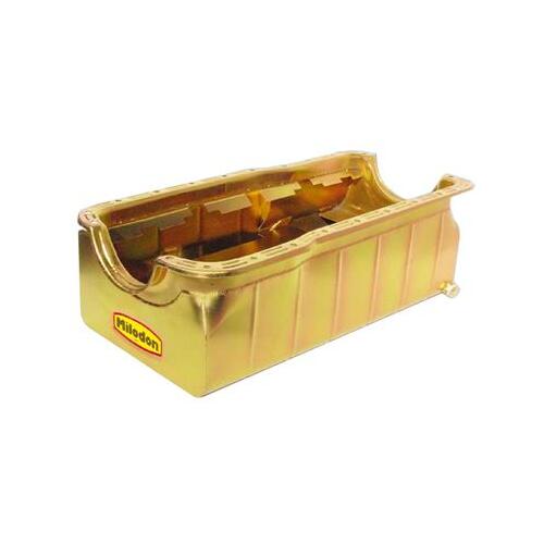 MILODON Oil Pan, Steel, Gold Iridite, 8 qt, For Ford, Small Block, 351W, Fits Tube Chassis, Kickout Design, Each