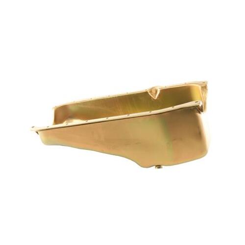 MILODON Oil Pan, Steel, Gold Iridite, 5 qt., For Chevrolet, Small Block, 86-Up RH Dipstick, Fits Hobby Stock & Claimer, Each