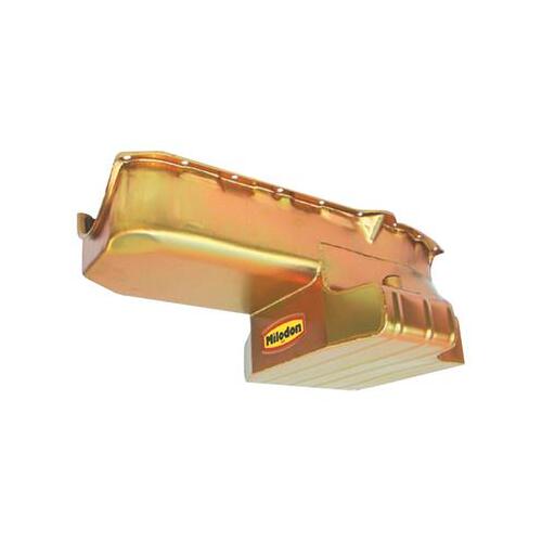 MILODON Oil Pan, Pro Touring, Steel, Gold Iridite, 7 qt, For Chevrolet, Small Block, LH Dipstick, Competition Baffling, Each