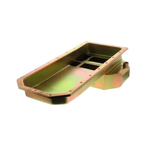 MILODON Oil Pan, Pro Touring, Steel, Gold Iridite, 7 qt, For Chevrolet, Small Block, Dart SHP RH Dipstick, Competition Baffling, Each