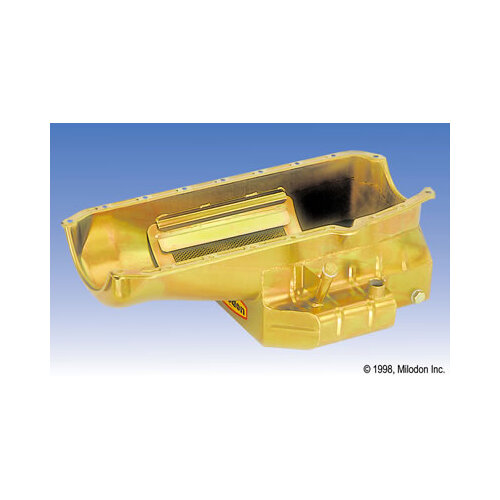 MILODON Oil Pan, Pro Touring, Steel, Gold Iridite, 7 qt, For Chevrolet, Small Block, 1986-Up RH Dipstick, Competition Baffling, Each