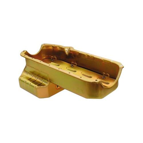 MILODON Oil Pan, Steel, Gold Iridite, 6 qt, For Chevrolet, Small Block, LH Dipstick, Fits Modified, Hobby & Street Stock, Each
