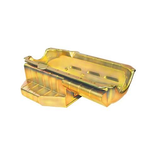 MILODON Oil Pan, Steel, Gold Iridite, 7 qt, For Chevrolet, Small Block, LH Dipstick, Fits Late & Sprint, w/ Dipstick, Each
