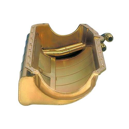 MILODON Oil Pan, Steel, Gold Iridite, Dry Sump., For Chevrolet, Small Block, Left Side Rear Exit, 2 10AN Scavengers, Each
