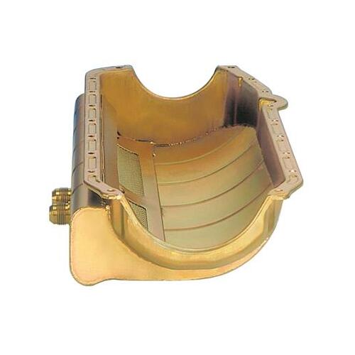MILODON Oil Pan, Steel, Gold Iridite, Dry Sump., For Chevrolet, Small Block, Right Side Middle Exit, 2 10AN Scavengers, Each