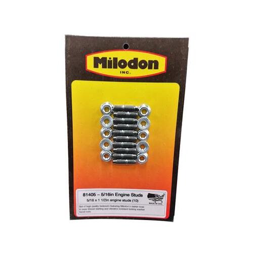 MILODON Oil Pan Studs, Steel, Black Oxide, Hex Nut, 5/16-18 in, Universal, Set