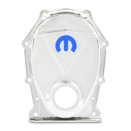 MOPAR Omega "M" Emblem Timing Chain Cover, Chrome; Recessed Blue MOPAR Emblem
