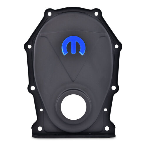 Mopar Performance , MOPAR Omega "M" Emblem Timing Chain Cover, Black Crinkle; Recessed Blue MOPAR Emblem