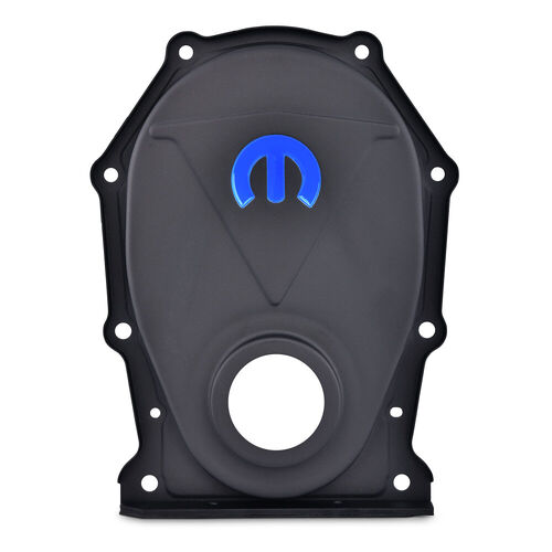 MOPAR Omega "M" Emblem Timing Chain Cover, Black Crinkle; Recessed Blue MOPAR Emblem