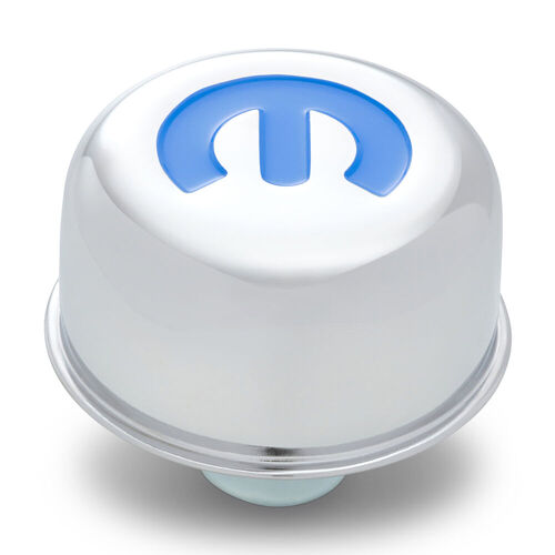 MOPAR Omega "M" Emblem Push-In Air Breather Cap, Chrome; Recessed Blue MOPAR Emblem