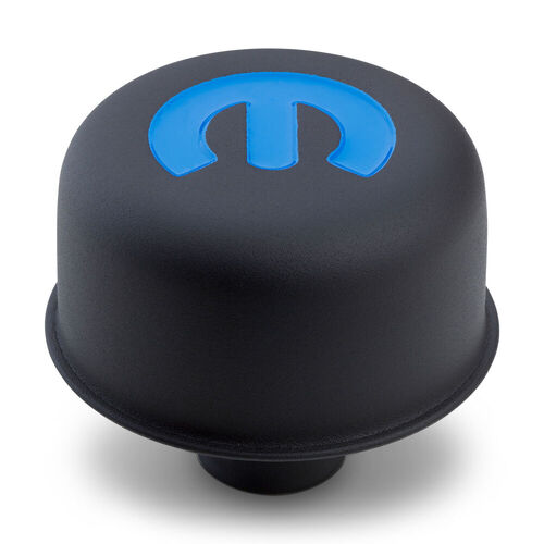 MOPAR Omega "M" Emblem Push-In Air Breather Cap, Black Crinkle; Recessed Blue MOPAR Emblem