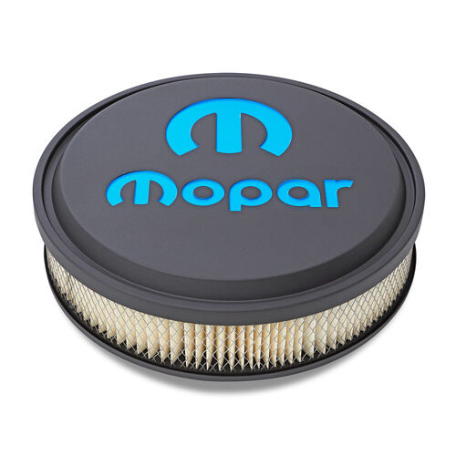 Mopar Performance Air Cleaner, Slant-Edge, Aluminium Top, Black Crinkle, Recessed Blue Mopar Logo, 14.00 in. Diameter, Dropped 1.00 in., Each