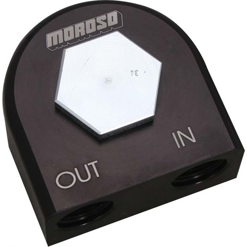Moroso Oil Filter Adapter, Remote, 90 Deg 3/4in. -16 Thread, 2-5/8in. O-Ring, Each