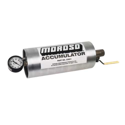 Moroso Engine Oil Accumulator, 1.5 Quarts, 10.0in. x 4.25in., Aluminium, Natural Finish, Gauge, Shut-Off Valve, Each