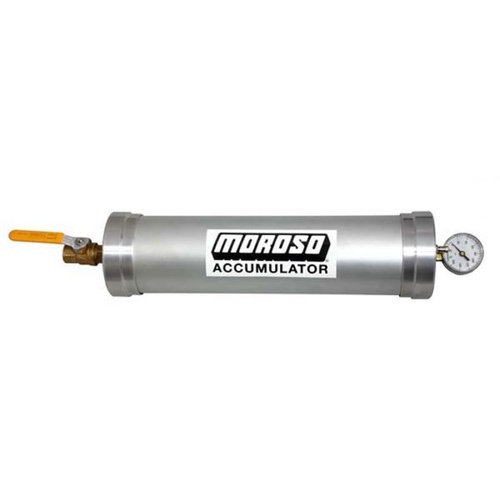 Moroso Engine Oil Accumulator, 3 Quarts, 23in. x 4.75in., Aluminium, Natural Finish, Gauge, Shut-Off Valve, Each
