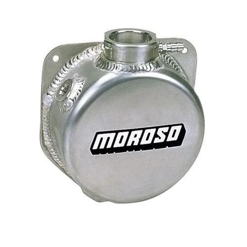 Moroso Overflow Tank, 1 qt., Round, Aluminium, Natural, 1/4in. NPT Inlet/1/2in. NPT Outlet, Universal, Each