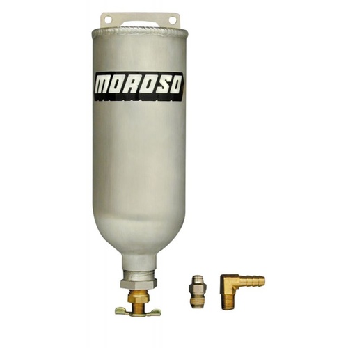 Moroso Overflow Tank, 1 qt., Round, Aluminium, Natural, 1/4in. NPT Inlet/3/8in. NPT Outlet, Universal, Each