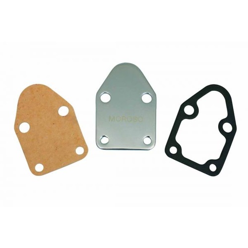 Moroso Fuel Pump Block-Off Plate, Steel, Chrome Plated, For Chevrolet, Small Block, Each