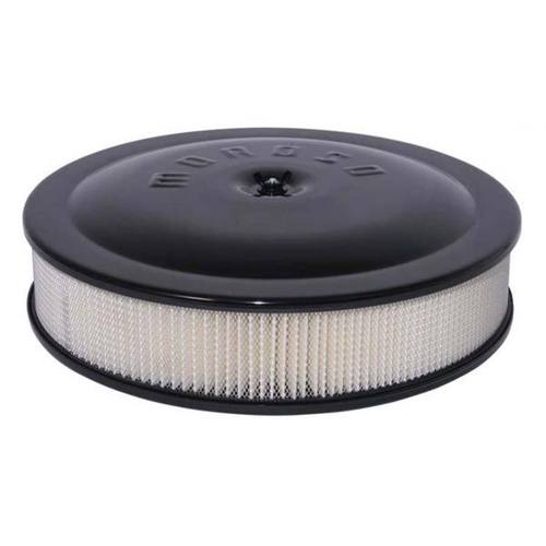 Moroso Air Filter Assembly, 14in. Dia., Round, Aluminium, Black, 3in. Filter, Dropped Base, 5 1/8in. Inlet, Each