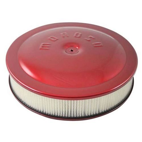 Moroso Air Filter Assembly, 14in. Dia., Round, Aluminium, Red, 3in. Filter, Dropped Base, 5 1/8in. Inlet, Each