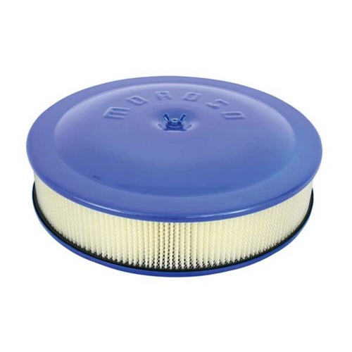 Moroso Air Filter Assembly, 14in. Dia., Round, Aluminium, Blue, 3in. Filter, Dropped Base, 5 1/8in. Inlet, Each