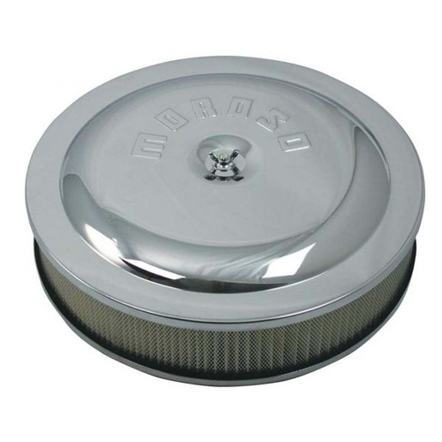 Moroso Air Filter Assembly, 14in. Dia., Round, Steel, Chrome, Logo, 3in. Filter Height, Each