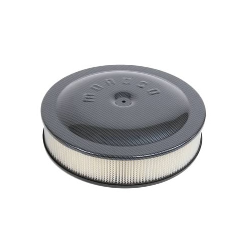 Moroso Air Filter Assembly, 14 in. Dia., Round, Carbon Fiber, Gray/Black, 3 in. Filter, Dropped Base, 5 1/8 in. Inlet