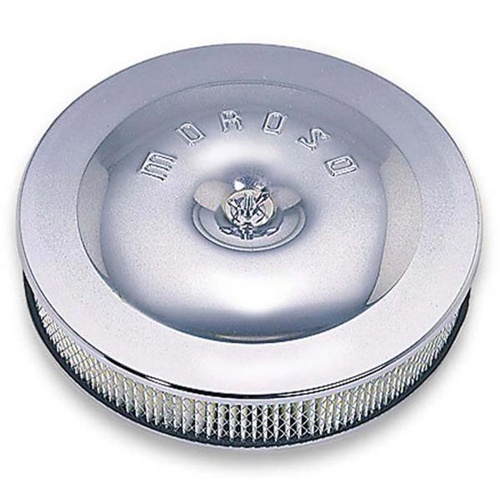 Moroso Air Filter Assembly, 11 1/2in. Dia., Round, Steel, Chrome, Logo, 2 3/8in. Filter Height, Each