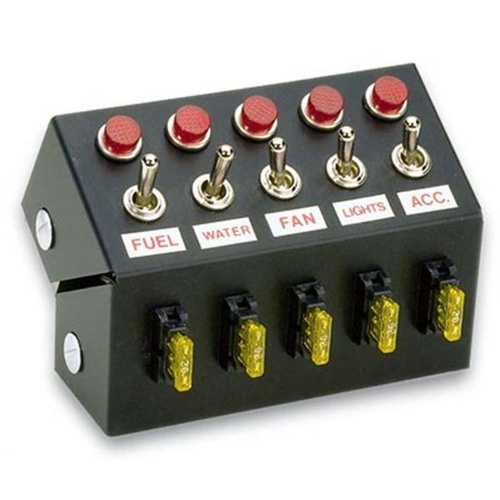 Moroso Switch Panel, Roll Cage Mount, Steel, Black, 5.50in. Wide, 4in. Tall, Fused, 5 Toggle Switches, Each