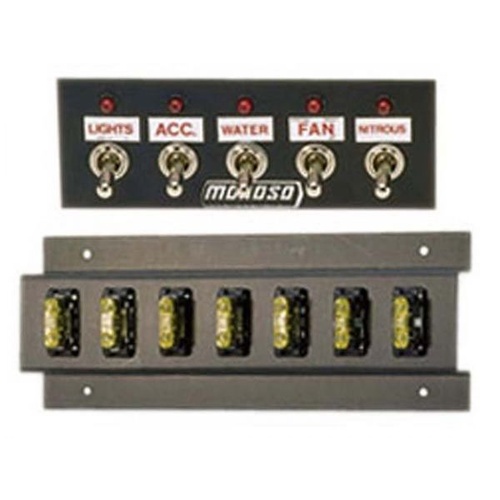 Moroso Switch Panel, Aluminium, Black, 5.5in. Wide, 2in. Tall, 5 Toggle Switches, Each